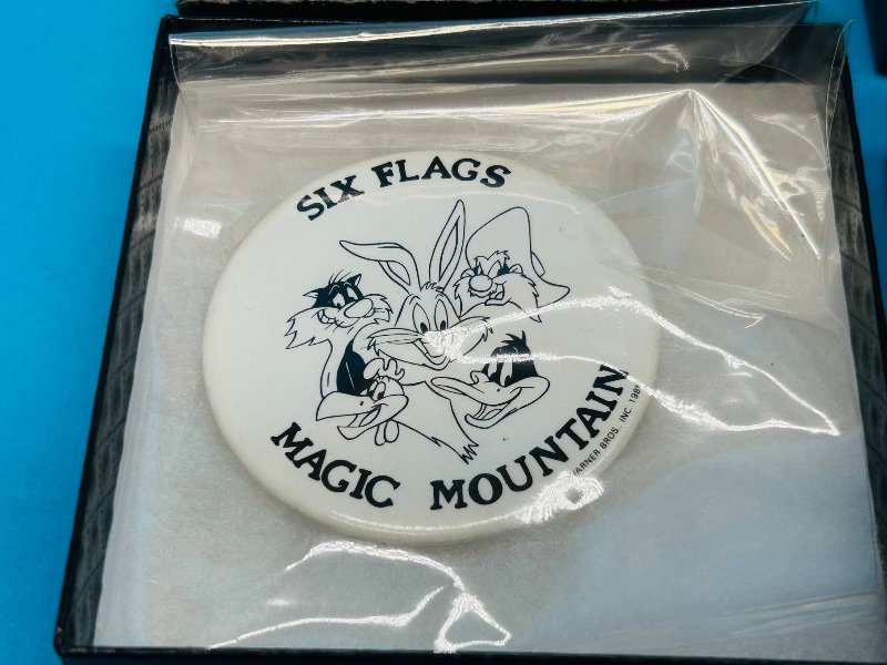 Photo 3 of 699837…2 vintage amusement park pins in gift boxes- Disneyland and Magic Mountain- shows wear from age