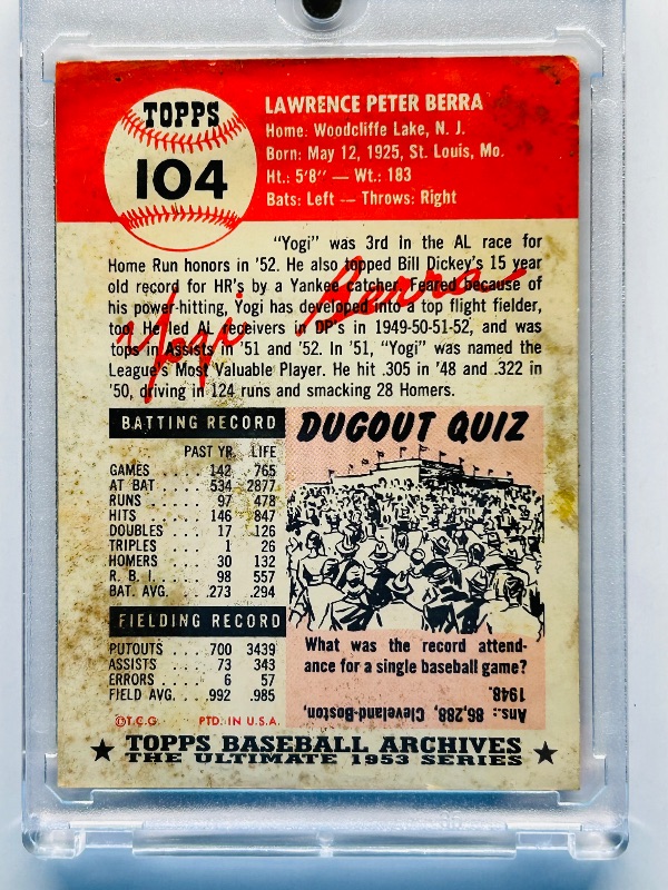 Photo 1 of 699982…condition issues- Yogi Berra reprint 1953 card with stains