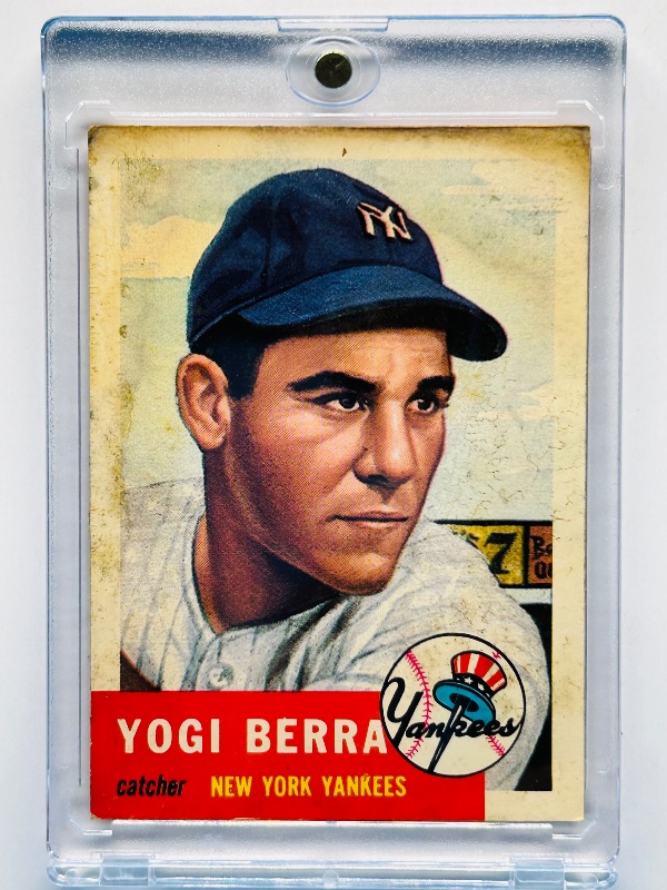 Photo 1 of 699982…condition issues- Yogi Berra reprint 1953 card with stains