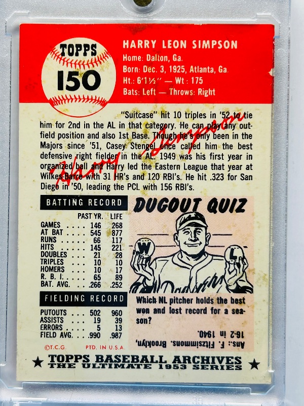 Photo 1 of 699985…reprint Harry Simpson card with condition issues-stains in hard plastic case