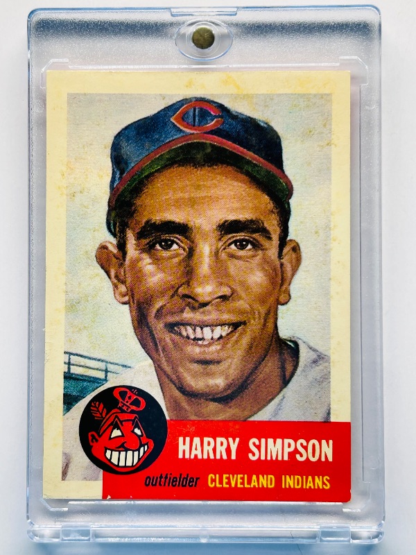 Photo 1 of 699985…reprint Harry Simpson card with condition issues-stains in hard plastic case