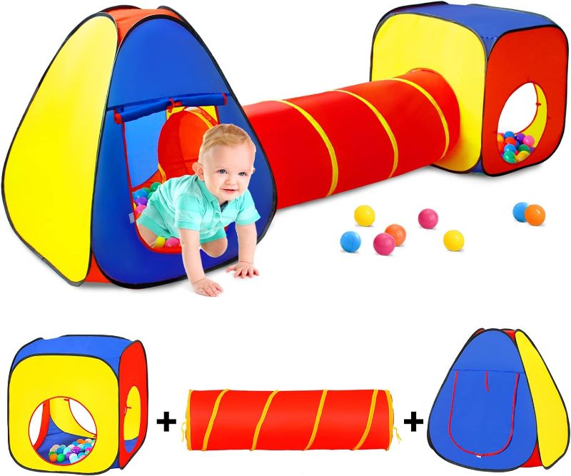 Photo 1 of Kids Play Tent with Ball Pit+Crawl Tunnel+Castle Tent, Pop Up Toddlers Playhouse for Boys and Girls Gift, Collapsible Children Play Tent Toy Indoor and Outdoor Games (Colorful Fort)