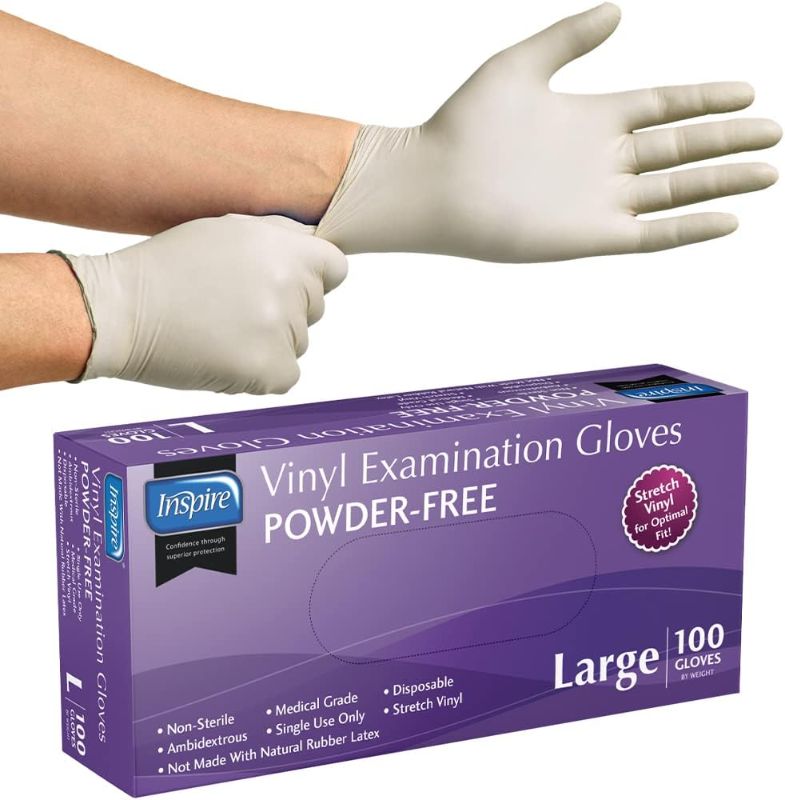 Photo 1 of Inspire Stretch Vinyl Exam Gloves | THE ORIGINAL Quality Vinyl Gloves Disposable Latex Free Medical Gloves Cleaning Gloves, Large Box Of 100