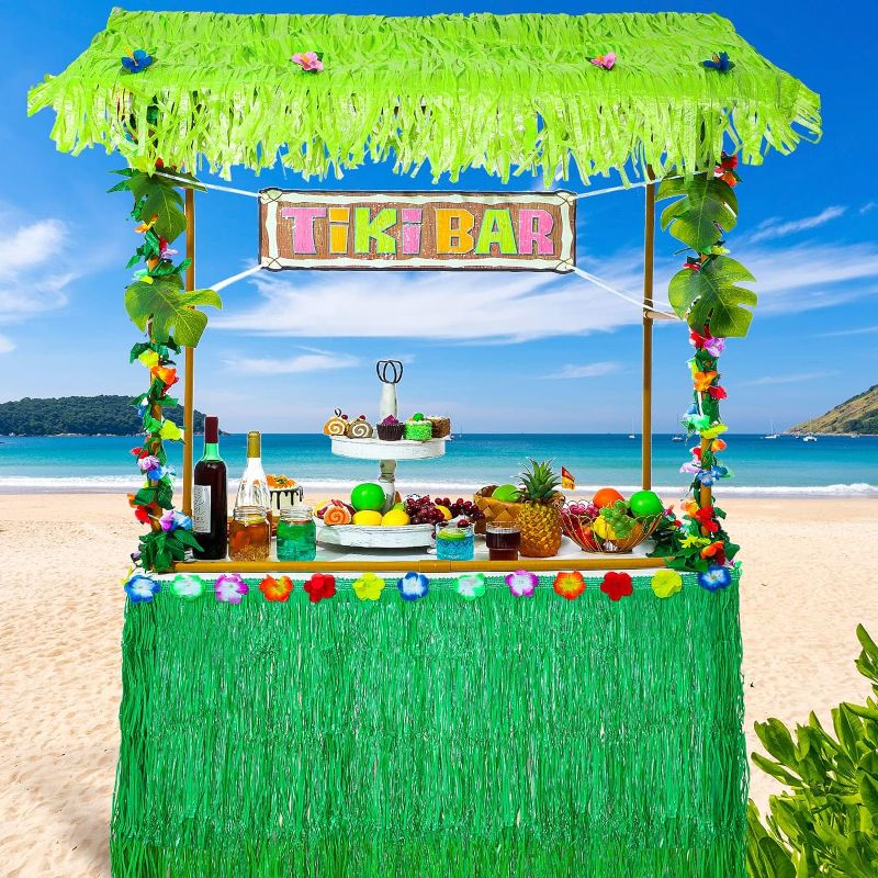 Photo 1 of 45 Pcs Tiki Bar Hut Sets Hut Tiki Bar Tabletop Grass Roof Table Skirt Hawaiian Decorative Hibiscus Garlands Tiki Bar Banner Tropical Palm Leaves for Summer Beach Hawaiian Luau Party Decor (Tropical)