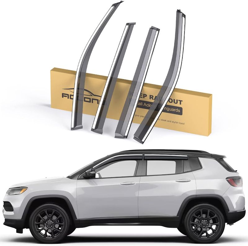 Photo 1 of ACLONG Smoke Rain Guards Compatible with Jeep Compass 2017-2023 Tape-On Side Shatterproof Window Visor, Window Deflectors, Vent Deflectors with Stainless Steel Trim, 4-Piece Set
***Missing one of the smaller rain guards*** 