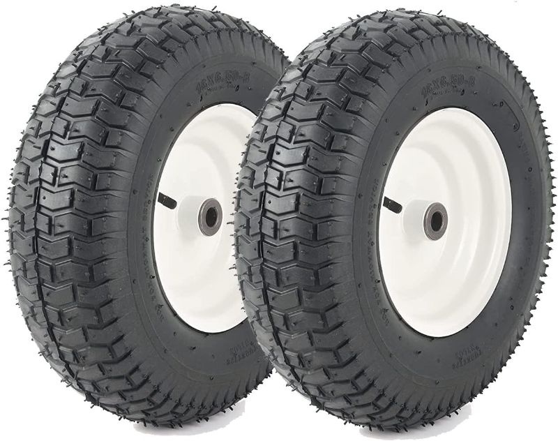 Photo 1 of (2-Pack) 16x6.50-8 Pneumatic Tires on Rim - Universal Fit Riding Mower and Yard Tractor Wheels - With Chevron Turf Treads - 3” Centered Hub and 3/4” Bushings - 615 lbs Max Weight Capacity
