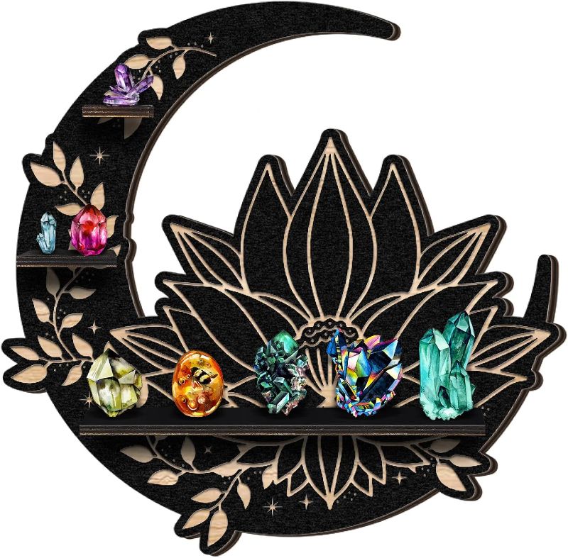 Photo 1 of 15.8 x 15.7'' Lotus Crescent Moon Shelf Wall Mounted Crystal Display Shelf Wooden Crystal Wall Shelves Moon Wall Decor for Witchy Essential Oil Stone Storage Shelves Living Room Bedroom Home, Black
