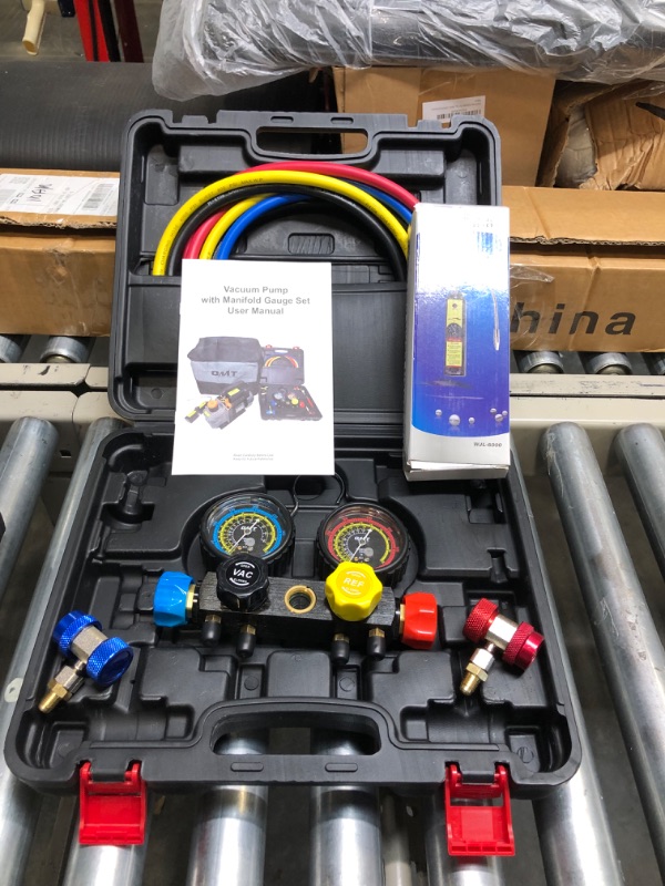 Photo 3 of Orion Motor Tech AC Vacuum Pump and Gauge Set, 4 Way AC Gauges and 4 cfm HVAC Vacuum Pump with Leak Detector 5FT Hoses Couplers R410a Adapters, Puncturing & Self Sealing R134a Can Taps AC Recharge Kit