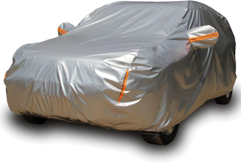 Photo 1 of Tecoom Super Heavy Duty Multiple Layers SUV Cover All Weather Waterproof Windproof Reflective Snow Sun Rain UV Protective Outdoor with Buckles & Belt Fit 206-215 inches?? Full-Size SUV, Silver
