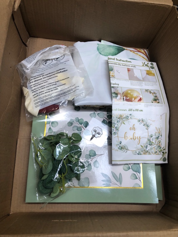 Photo 1 of 243 Pc Sage Green Baby Shower Decorations For Boy Or Girl, Rustic Gender Neutral Sage Green & White Balloon Garland Kit, Greenery BABY Boxes, Eucalyptus Oh Baby Backdrop Banner, Olive Decor, Confetti