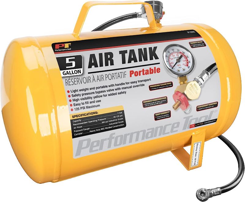 Photo 1 of Performance Tool W10005 Hi-viz 5-Gallon Horizontal Portable Air Tank With Tire Air Chuck , Yellow 5-Gallon Tank