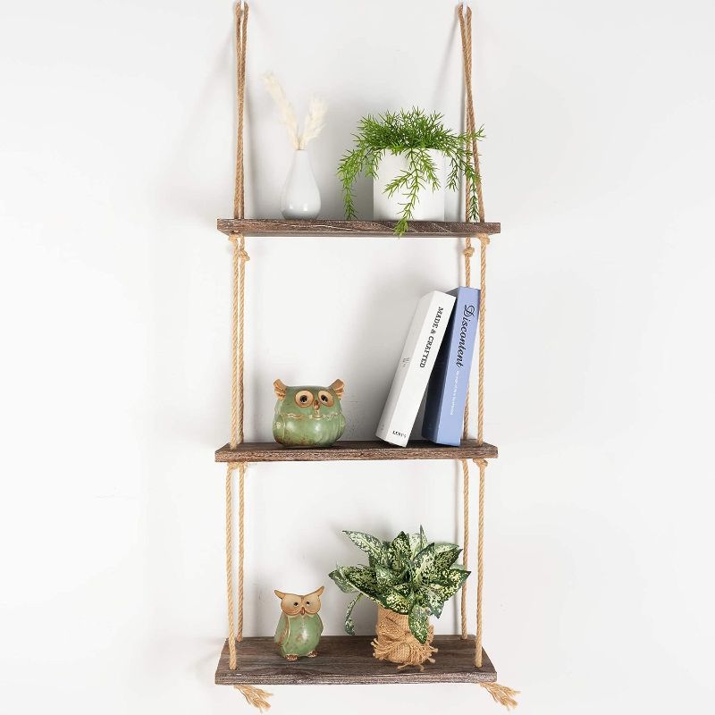 Photo 1 of  Decorative Wall Hanging Shelf, 3 Tier Distressed Wood Jute Rope Floating Shelves, Rustic Home Wall Décor
