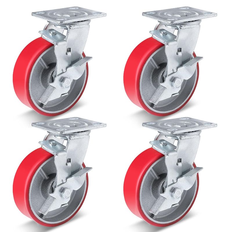 Photo 1 of 6 Inch Industrial Casters Set of 4 Heavy Duty No Noise Polyurethane Wheel on Steel Hub, Workbench Casters with Brakes 4800 Lbs, Top Plate Swivel Casters for Toolbox Workbench (4 Swivel & Brakes)
