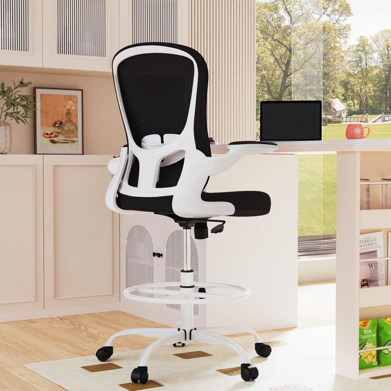 Photo 1 of Hbada Office Chair Ergonomic Desk Chair, Office Desk Chairs with PU Silent Wheels, Breathable Mesh Computer Chair with Adjustable Lumbar Support, Flip-up Armrests, Tilt Function, White