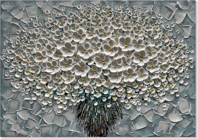 Photo 1 of Alenoss 3D Floral Oil Paintings on Canvas 40x28 Inches Flower Grayish Blue Artwork Large Abstract Framed Canvas Wall Art for Home Decorations