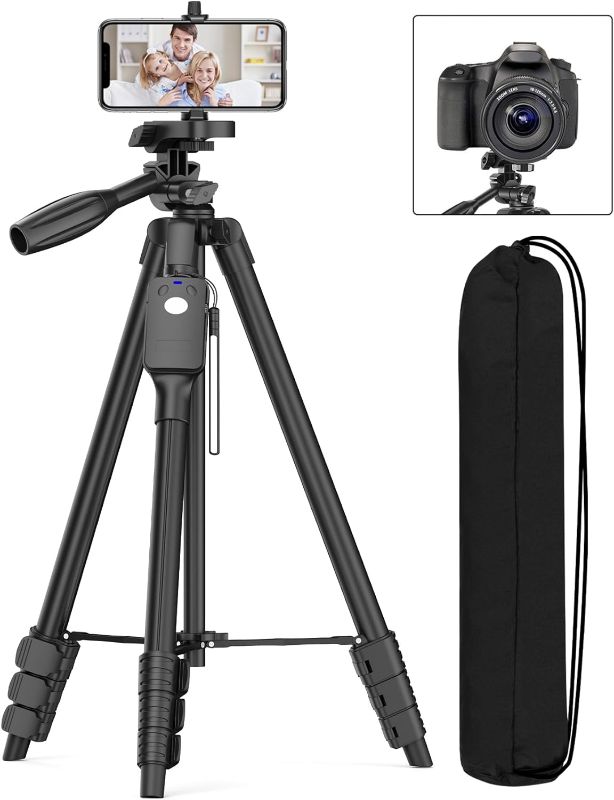 Photo 1 of XXZU Tripod,60" Camera Tripod with Travel Bag,Cell Phone Tripod with Remote,Professional Aluminum Portable Tripod Stand with Phone Tripod Mount&1/4”Screw,for Phone/Camera/Projector/DSLR/SLR