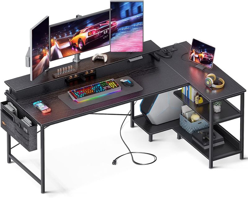 Photo 1 of ODK L Shaped 66 Inch Computer Desk with USB Charging Port & Power Outlet, L-Shaped Gaming Desk with Storage Shelves & Monitor Shelf for Home Office