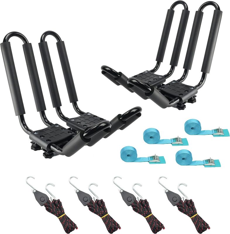 Photo 1 of 2 Pairs Heavy Duty Kayak Rack-Includes 4 Pcs Ratchet Tie-Mount on Car Roof Top Crossbar-Easy to Carry Kayak Canoe Boat Surf Ski (J-Bar Rack)