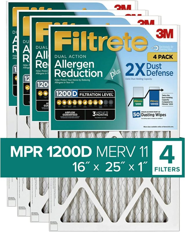 Photo 1 of Filtrete 16x25x1 Air Filter MPR 1200D MERV 11, Allergen Reduction Plus Dust, 4-Pack Filters (exact dimensions 15.69x19.69x0.81)
