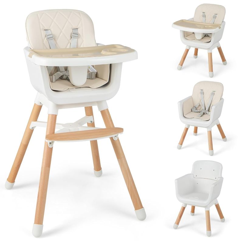 Photo 1 of BABY JOY Baby High Chair, 6 in 1 Convertible Wooden High Chair for Babies & Toddlers with Adjustable Legs, Double Removable Tray, Safety Harness & Waterproof PU Cushion (Gray)