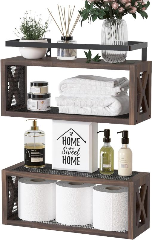 Photo 1 of 
RICHER HOUSE Floating Shelves with Guardrail, Rustic Wood Shelves for Wall Décor, Farmhouse Bathroom Accessories Wall Mounted, Bathroom Wall Organizer over