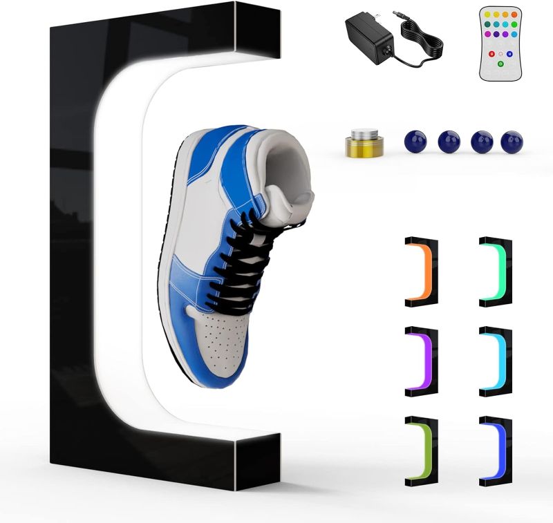 Photo 1 of FTXOAM Levitating Shoe Display, Acrylic LED Floating Shoe Display with 16 Colors Remote Control & 360°Rotation Spinning, Magnetic Sneaker Display Holder for Storefront Home Décor black