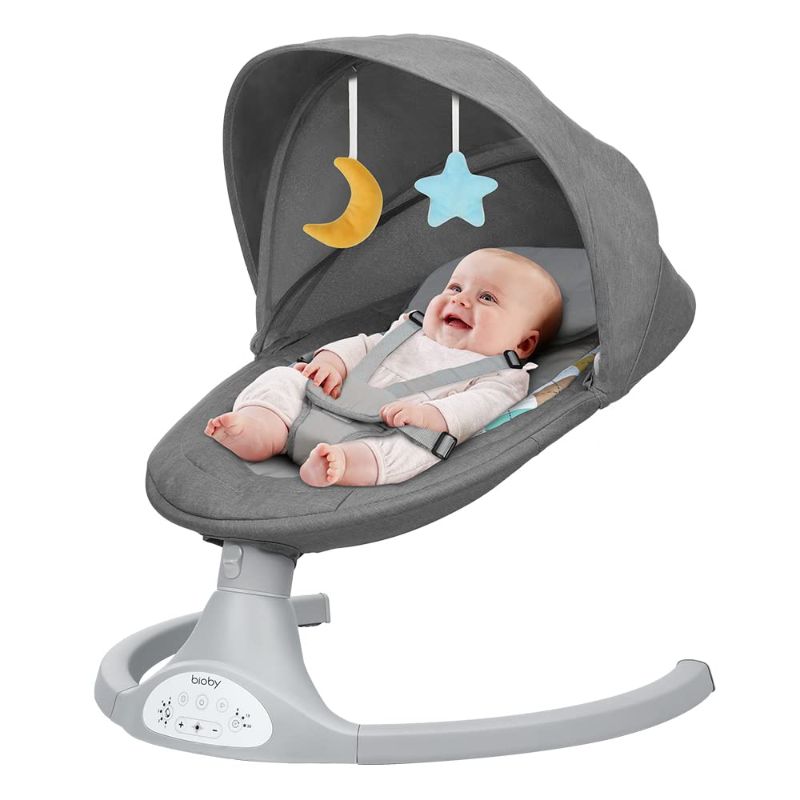 Photo 1 of Bioby Baby Swing for Infants to Toddler, Electric Portable Baby Bouncer for 0-12Months Newborn, Baby Rocker with 5 Swing Speeds and Remote Control, Touch Screen, Bluetooth Music, for Baby 5-20Lb,Grey