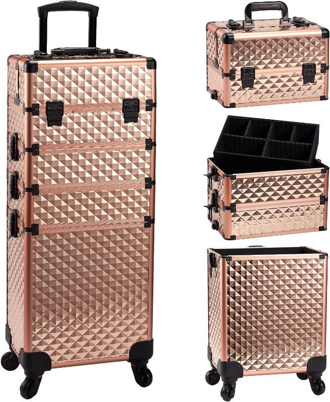 Photo 1 of 
Adazzo 4 in 1 Rolling Makeup Case Cosmetic Train Case Trolley Roll Travel Box for Makeup Artist, Hairstylists, Nail Tech Makeup Cart with Key Swivel Wheels