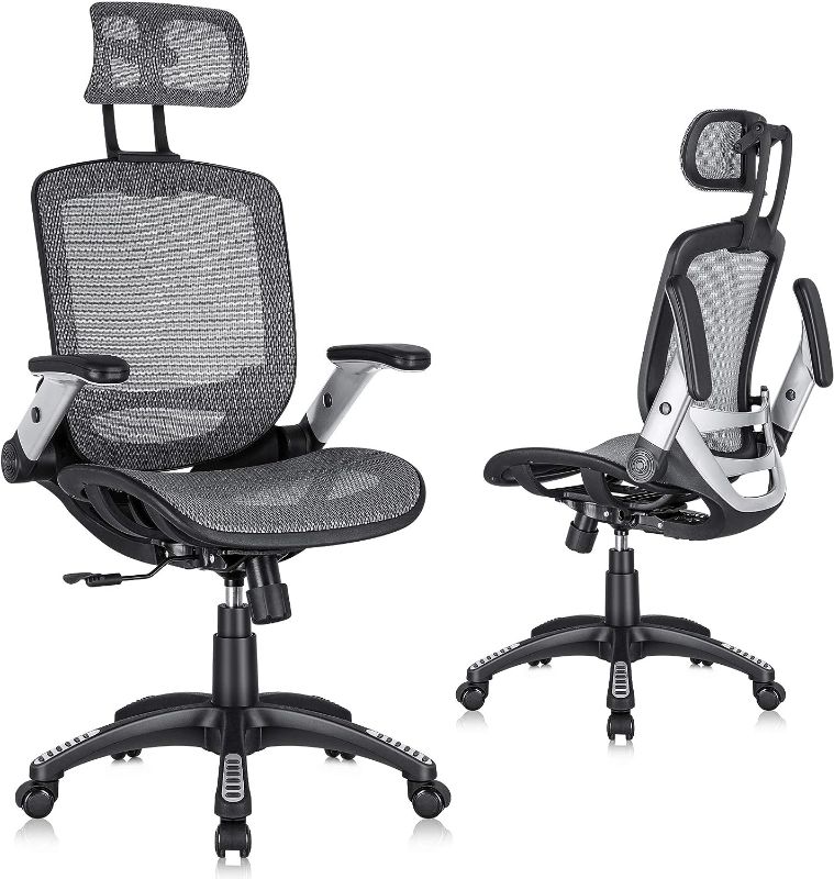Photo 1 of GABRYLLY Ergonomic Mesh Office Chair, High Back Desk Chair - Adjustable Headrest with Flip-Up Arms, Tilt Function, Lumbar Support and PU Wheels, Swivel Computer Task Chair, Grey