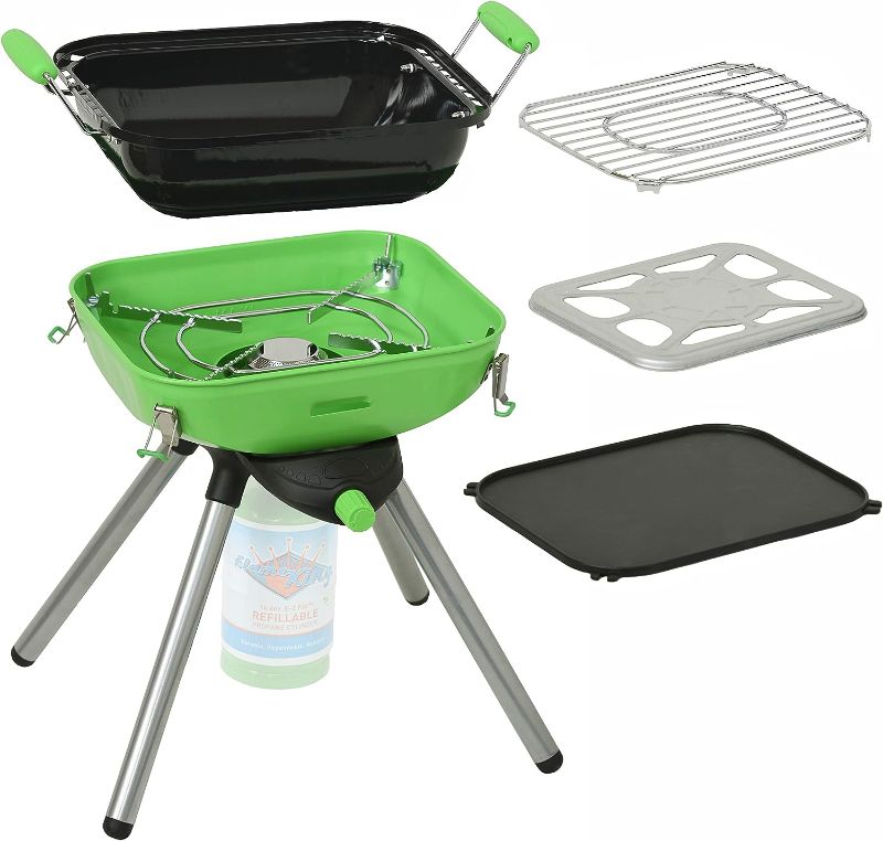 Photo 1 of 
Flame King YSNVT-301 Multi-Function Portable Propane BBQ Grill Camp Stove, 8000 BTU 9.5 x 12 Inch Cooking Surface, Light Green/Black
