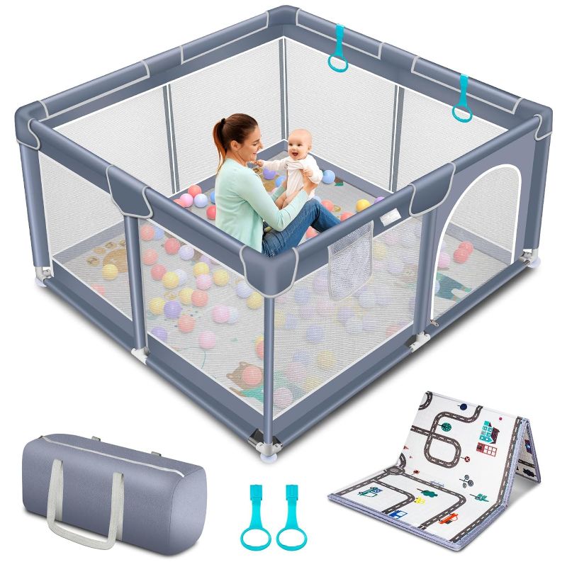 Photo 1 of Baby Playpen with Mat, Baby Play Yard for Toddler, Portable Large Baby Fence Area with Anti-Slip Base, Indoor & Outdoor Large Kids Activity Center, Playard for Baby(Gray)