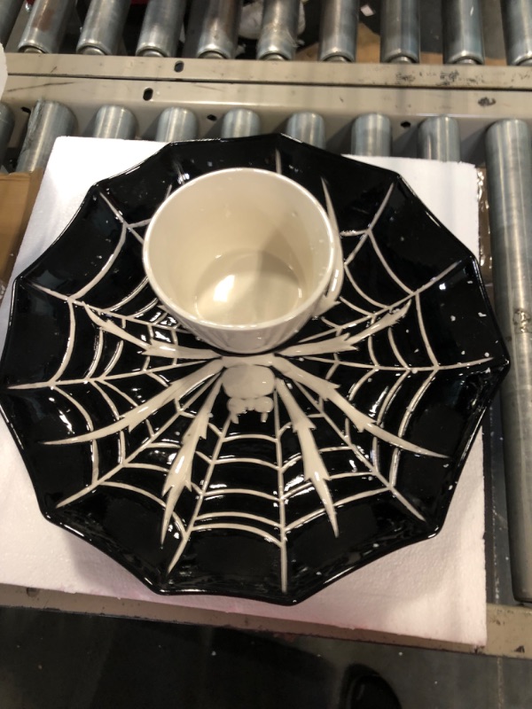 Photo 3 of 
Bico Halloween Spider Web 14.8 inch Black Ceramic Chip and Dip Set, Plate With Sauce Bowl, for snacks, nachos, candy, treats, buffalo wings, Microwave 