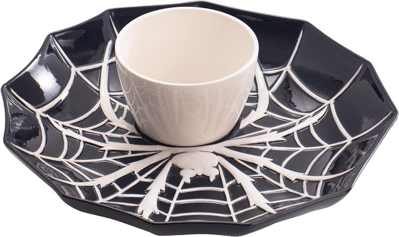 Photo 1 of 
Bico Halloween Spider Web 14.8 inch Black Ceramic Chip and Dip Set, Plate With Sauce Bowl, for snacks, nachos, candy, treats, buffalo wings, Microwave 