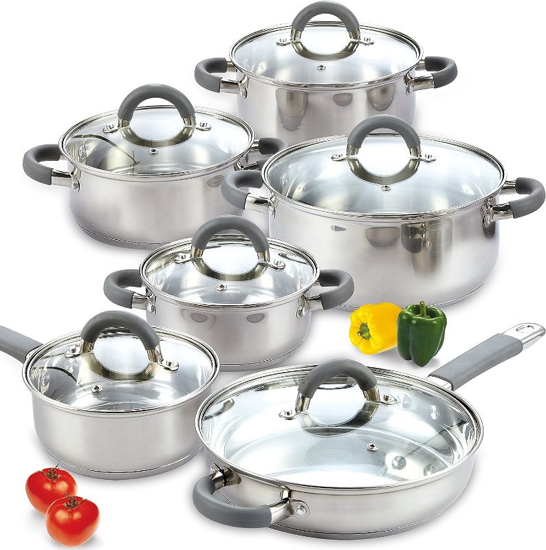 Photo 1 of 
Cook N Home Stainless Cookware Sets Basic Pots and Pans, 12-Piece, Stainless Steel Grey Silicone Handle