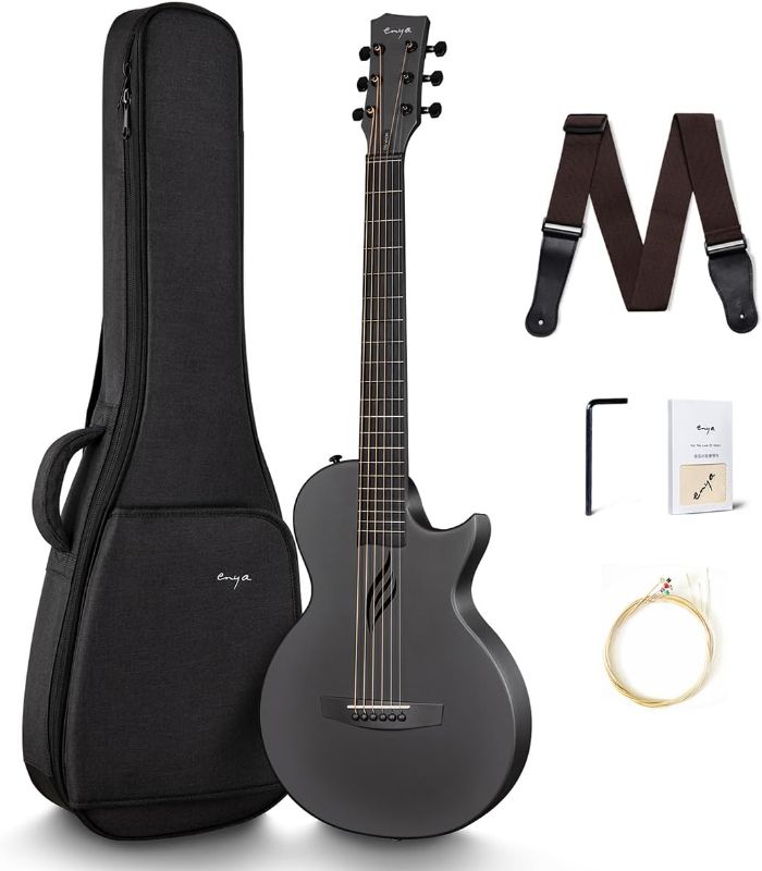 Photo 1 of Enya Nova Go Carbon Fiber Acoustic Guitar 1/2 Size Beginner Adult Travel Acustica Guitarra w/Starter Bundle Kit of Colorful Packaging, Acoustic Guitar Strap, Gig Bag, Cleaning Cloth, String(Black)