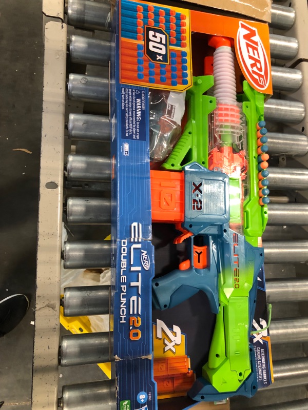 Photo 1 of Nerf Elite 2.0 Double Punch Motorized Dart Blaster, Rapid Alternating Barrels, 50 Nerf Elite Darts, 2X 10-Dart Clips, Ages 8 & Up
