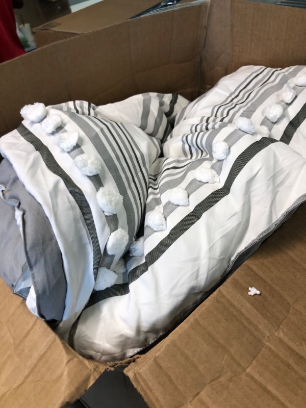 Photo 3 of ***MISSING PIECES*** PHF 7 Pieces Bed in A Bag King Size, Light Grey White Striped Bedding Comforter Sets with Sheets Set, 2 Pillow Shams, 1 Flat Sheet, 1 Fitted Sheet(16 Inches) and 2 Pillowcases King