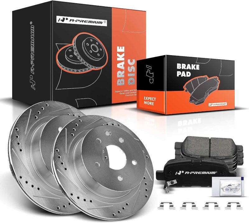 Photo 1 of A-Premium 11.49 inch(291.85mm) Rear Drilled & Slotted Disc Brake Rotors + Ceramic Pads Kit Compatible with Select Nissan and Infiniti Models - G35, 350Z, Juke, LEAF, Rogue, Rogue Select/Sport, X-Trail