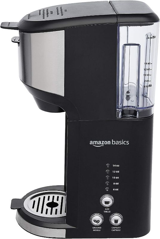 Photo 1 of Amazon Basics Dual Brew Single Serve Capsule Coffee Maker, 14 oz, Black and SS, 5.98"D x 9.44"W x 14.17"H
