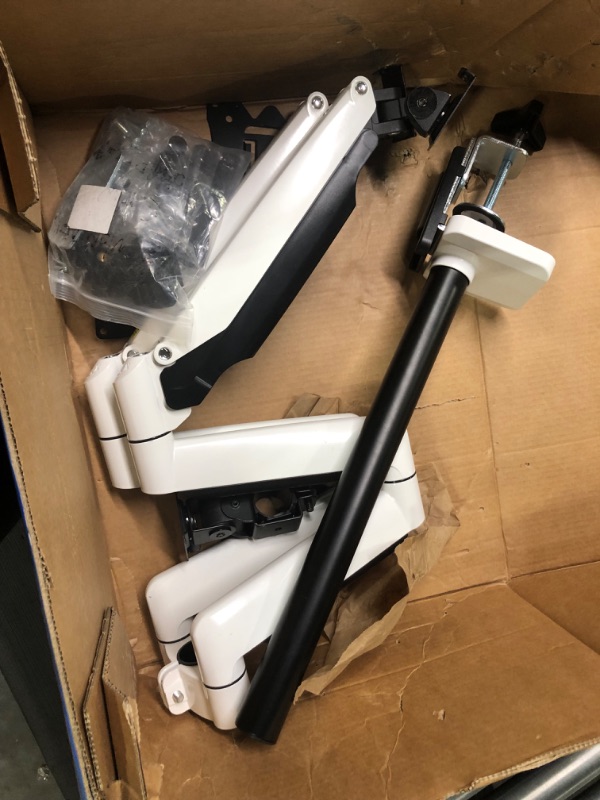 Photo 1 of MOUNTUP White Dual Monitor Stand for Desk, Adjustable Gas Spring Double Monitor Mount Holds 4.4-17.6 lbs and 13-32 Inch Screens, Monitor Arms for 2 Monitors VESA 75x75 100x100 with C-clamp & Grommet