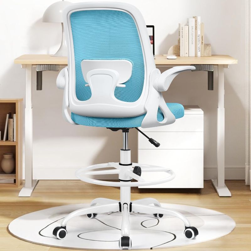 Photo 1 of Winrise Drafting Chair Tall Office Chair Ergonomic Desk Chairs with Lumbar Support and Flip-up Armrests, Adjustable Height Comfy Computer Chair with Swivel Task and Adjustable Foot Ring(Blue)