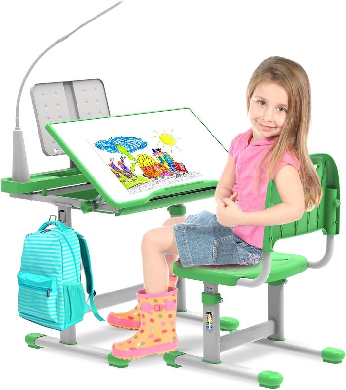 Photo 1 of BELANITAS Kids Desk and Chair Set 5-8 Year Old Height-Adjustable Desk for Kids Room 8-12, Children's Desk and Chair Set with 40-Degree Tilted Desktop, Kids Study Desk for School Students,