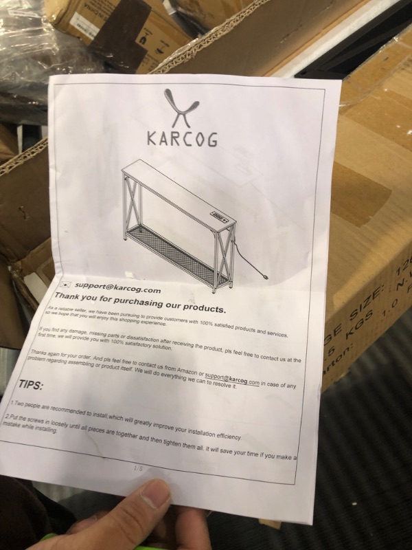 Photo 1 of Narrow Console Table with LED Strip Light & Recessed Power Strip, Karcog 47 Inch Sofa Entry Table with 2 AC Outlets & 2 USB Ports, Industrial Farmhouse Hallway Table for Living Room, Grey Oak Grey Oak 47Inch with LED