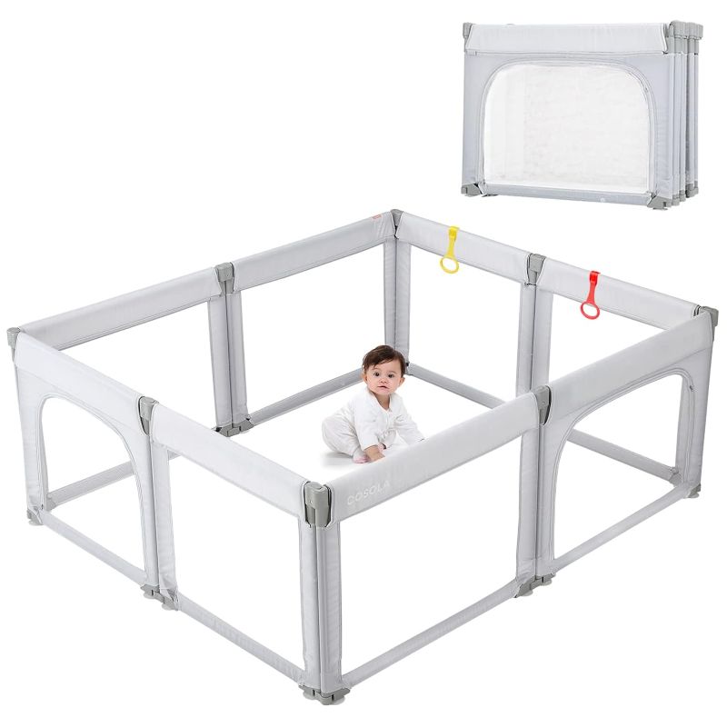 Photo 1 of djustable Baby Playpen 71x59 Play Pens for Babies and Toddlers Foldable Baby Playards with Gate Large Baby Fence Play Area, Grey