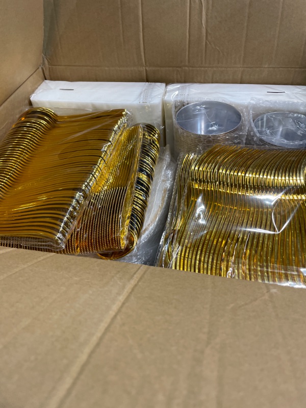 Photo 3 of 700 Piece Gold Dinnerware Set for 100 Guests, Plastic Plates Disposable for Party, Include: 100 Gold Rim Dinner Plates, 100 Dessert Plates, 100 Paper Napkins, 100 Cups, 100 Gold Plastic Silverware Set