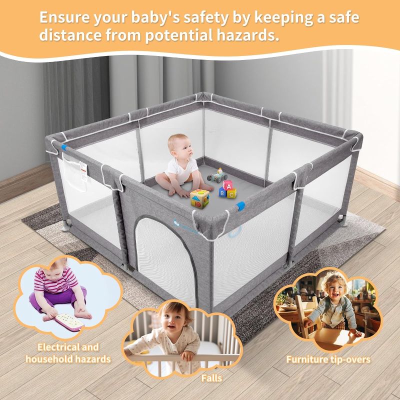 Photo 1 of Baby Playpen for Toddler - Indoor Outdoor Large Baby Playard, Kids Activity Center, Sturdy Safety Play Yard with Soft Breathable Mesh, Playpen for Babies - Grey
