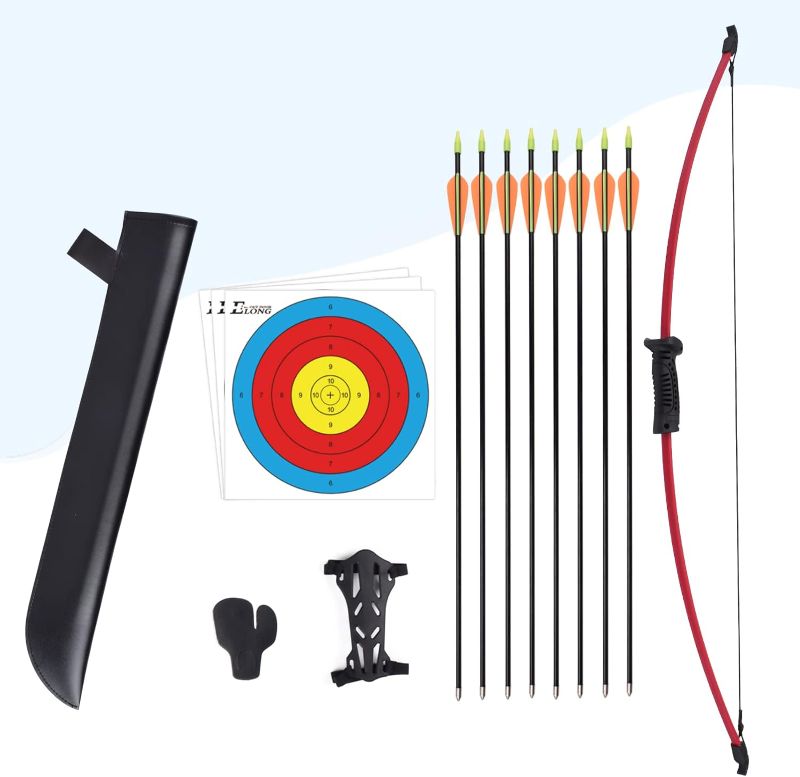 Photo 1 of Elong Recurve Bow and Arrow Set Outdoor Youth Junior Archery Beginner Training Includes 4 Arrows, Armguard, Quiver, Target Face, Finger Tab
