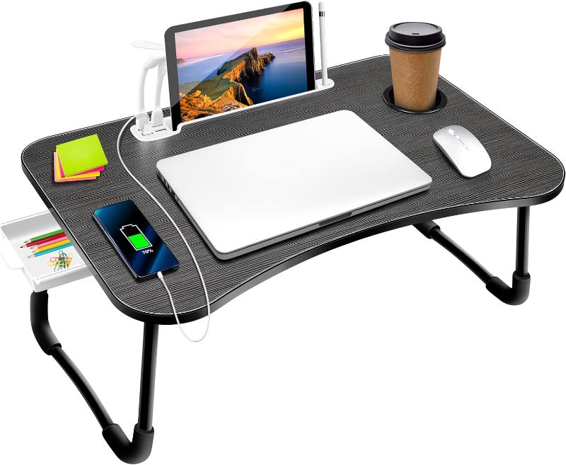 Photo 1 of Classic Laptop Bed Desk, Bed Tray for Laptop, Portable Foldable Laptop Tray Table with USB Charge Port/Cup Holder/Storage Drawer,for Bed/Couch/Sofa Working, Reading (Classic Black) Black With White Trim