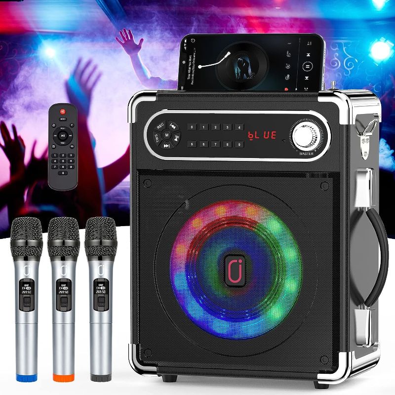 Photo 1 of HWWR Karaoke Machine with 3 Wireless UHF Microphones for Adults, Portable Bluetooth Speaker, Party Speaker with Disco Lights for Outdoor, PA System Karaoke Speaker Support TWS/FM/USB/TF Card/AUX/REC***BRAND NEW IN BOX/ALL FACTORY PACKAGING***
