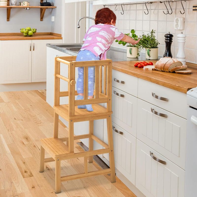 Photo 1 of COSYLAND Kids Kitchen Step Stool?Toddler Standing Tower with CPC Certification, Removable Anti-Drop Railing Safety Rail Enjoys Unique Patented Design A Anti-tip Structure More Stable, Natural Bamboo

